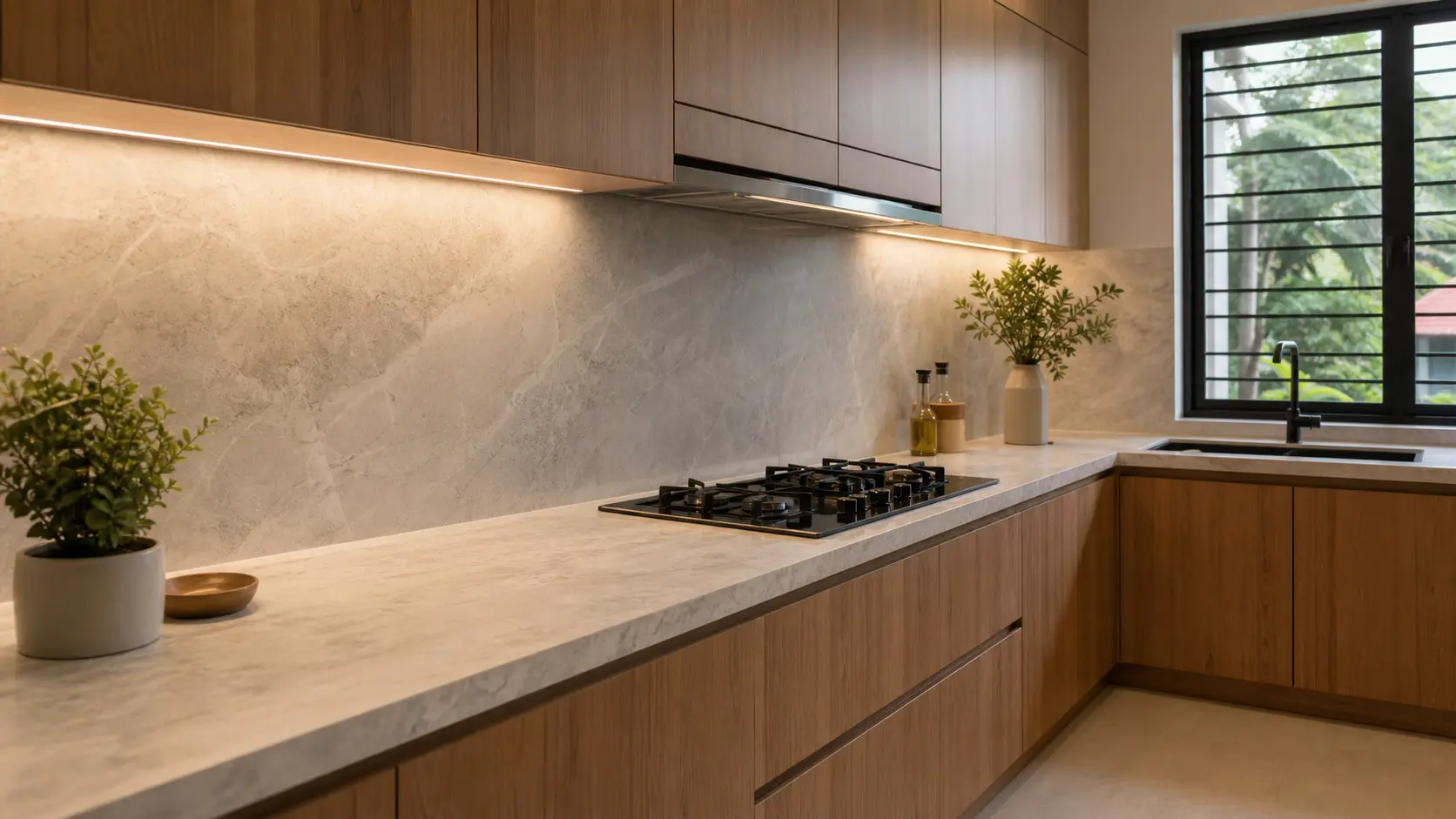 Finished Malaysian kitchen countertop with a matching stone backsplash installed along the wall Finished Malaysian kitchen countertop with a matching stone backsplash installed along the wall