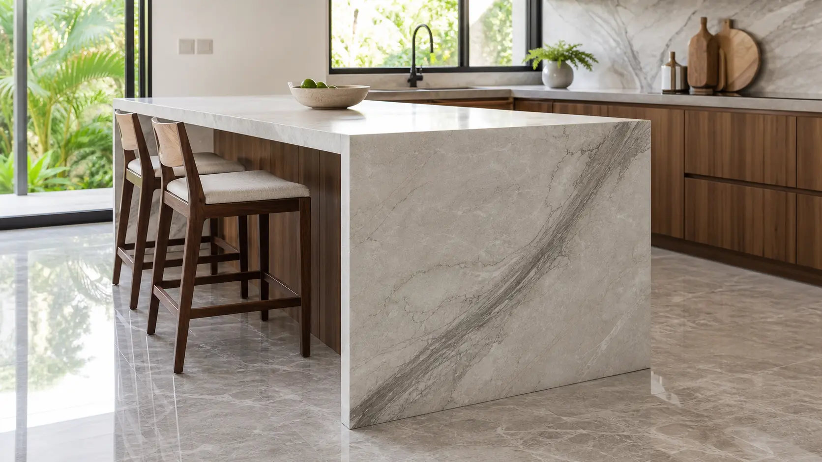 Modern Malaysian kitchen island with a continuous waterfall edge stone countertop flowing down the side Modern Malaysian kitchen island with a continuous waterfall edge stone countertop flowing down the side