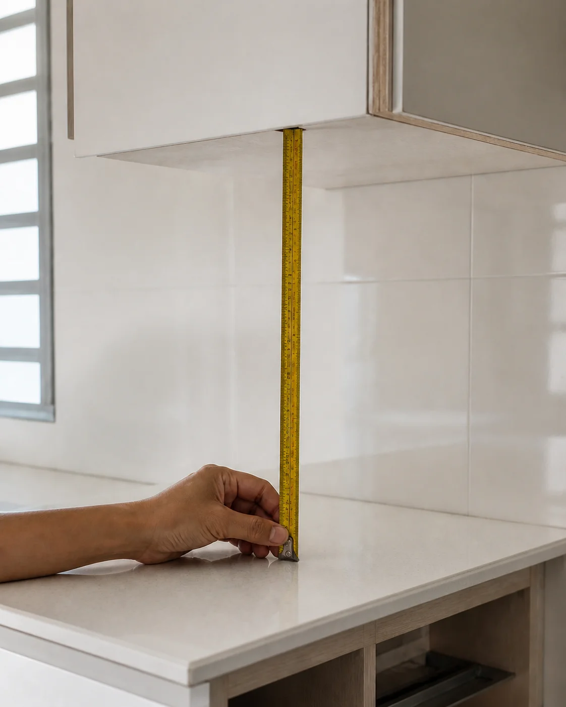 Measuring cabinet clearance beneath a wall cabinet during a new countertop installation in a Malaysian kitchen