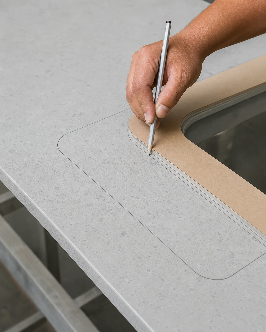 Fabricator marking sink cutout dimensions on a new quartz slab before cutting for a Malaysian kitchen installation