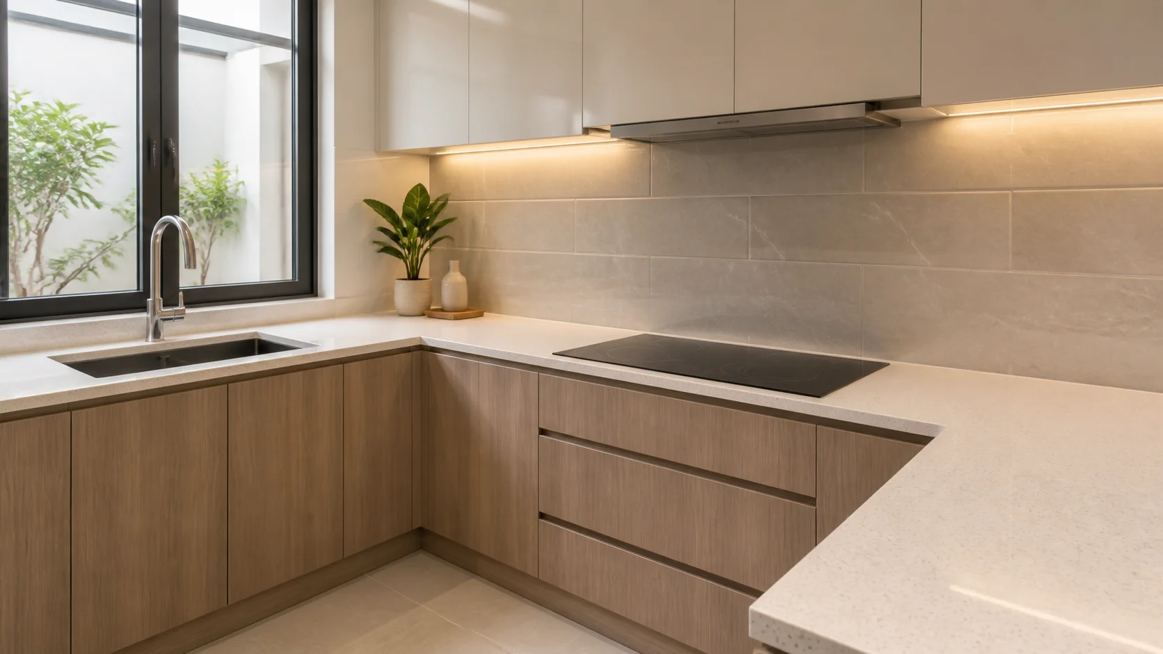Newly installed quartz countertop in a renovated Malaysian kitchen with proper sink and hob cutouts