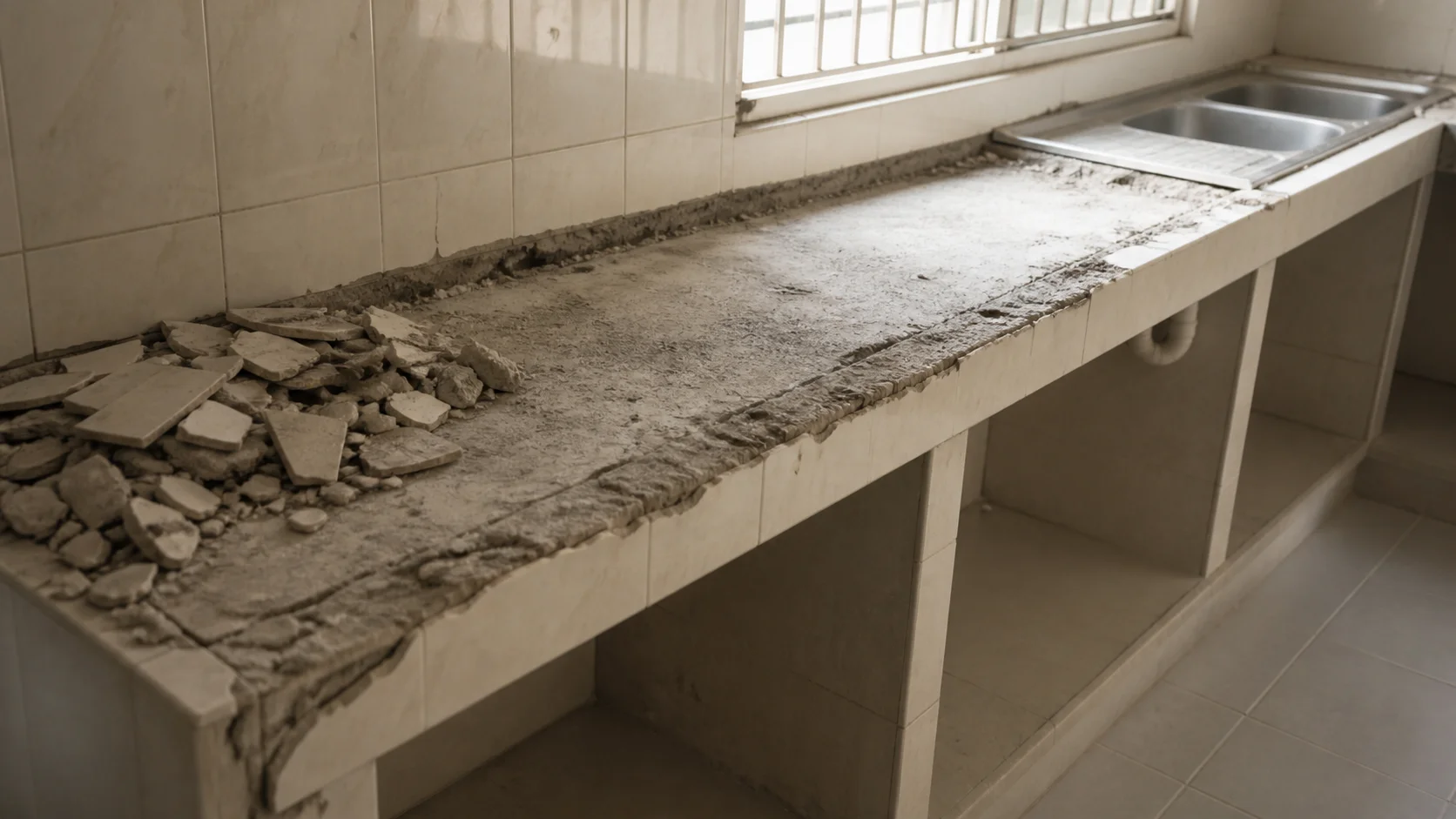 Old tiled kitchen countertop being removed during a Malaysian home renovation before new stone installation