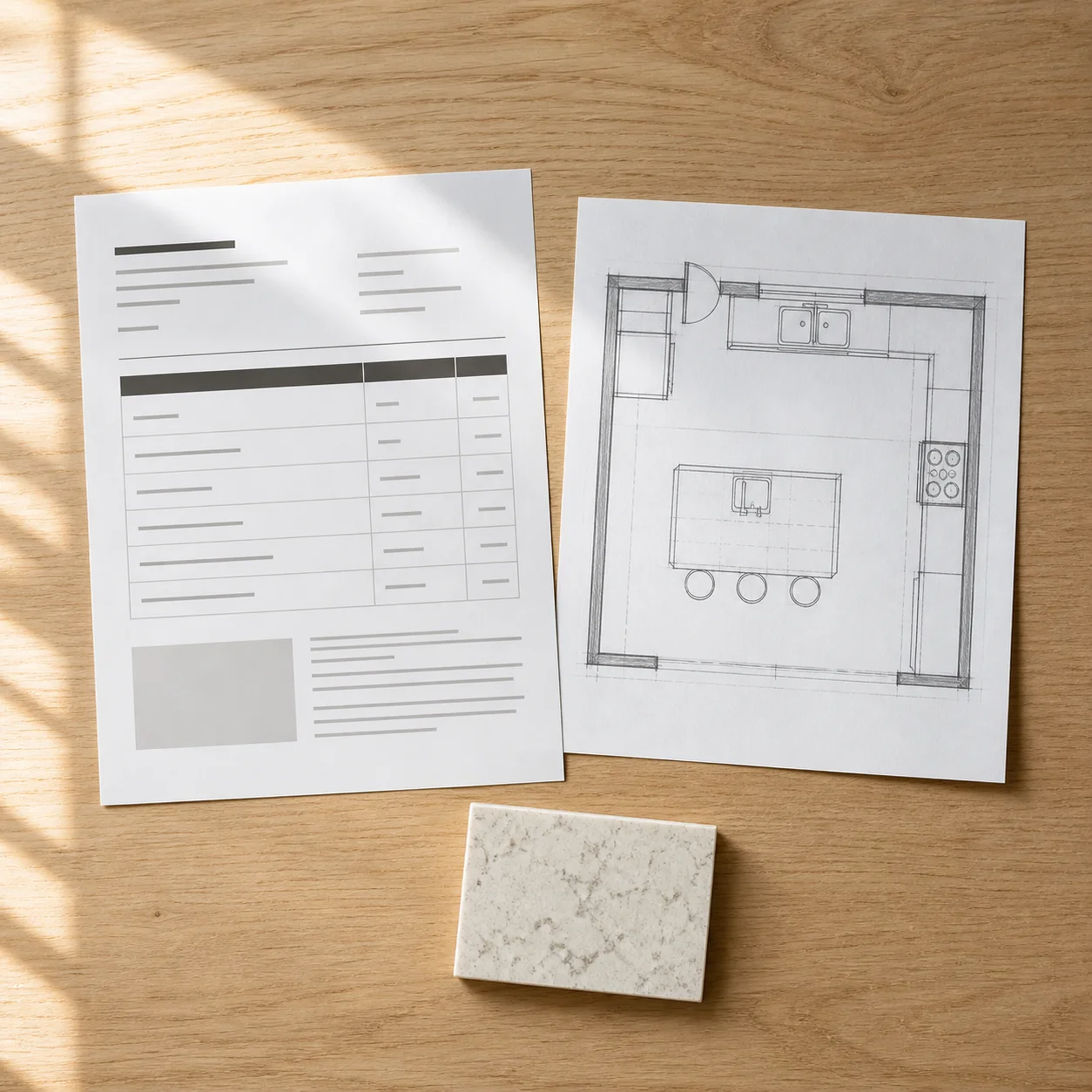 Preliminary countertop quotation document being reviewed alongside a kitchen floor plan