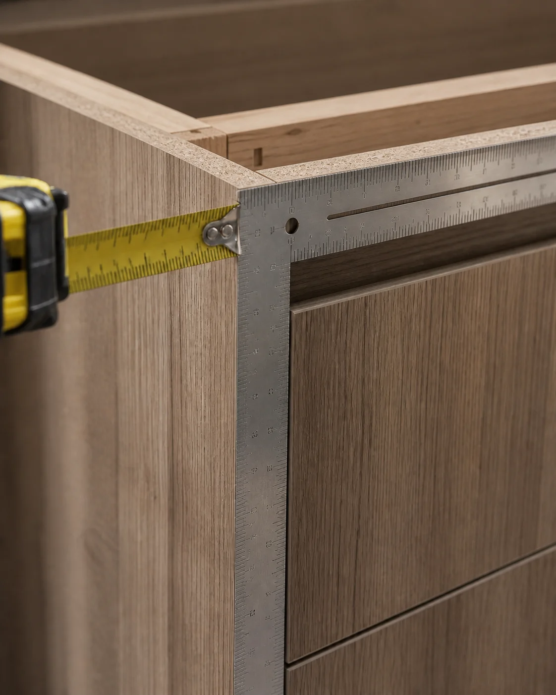 Fabrication technician using a measuring tape and L-shaped scale ruler to template kitchen cabinets before cutting a stone countertop