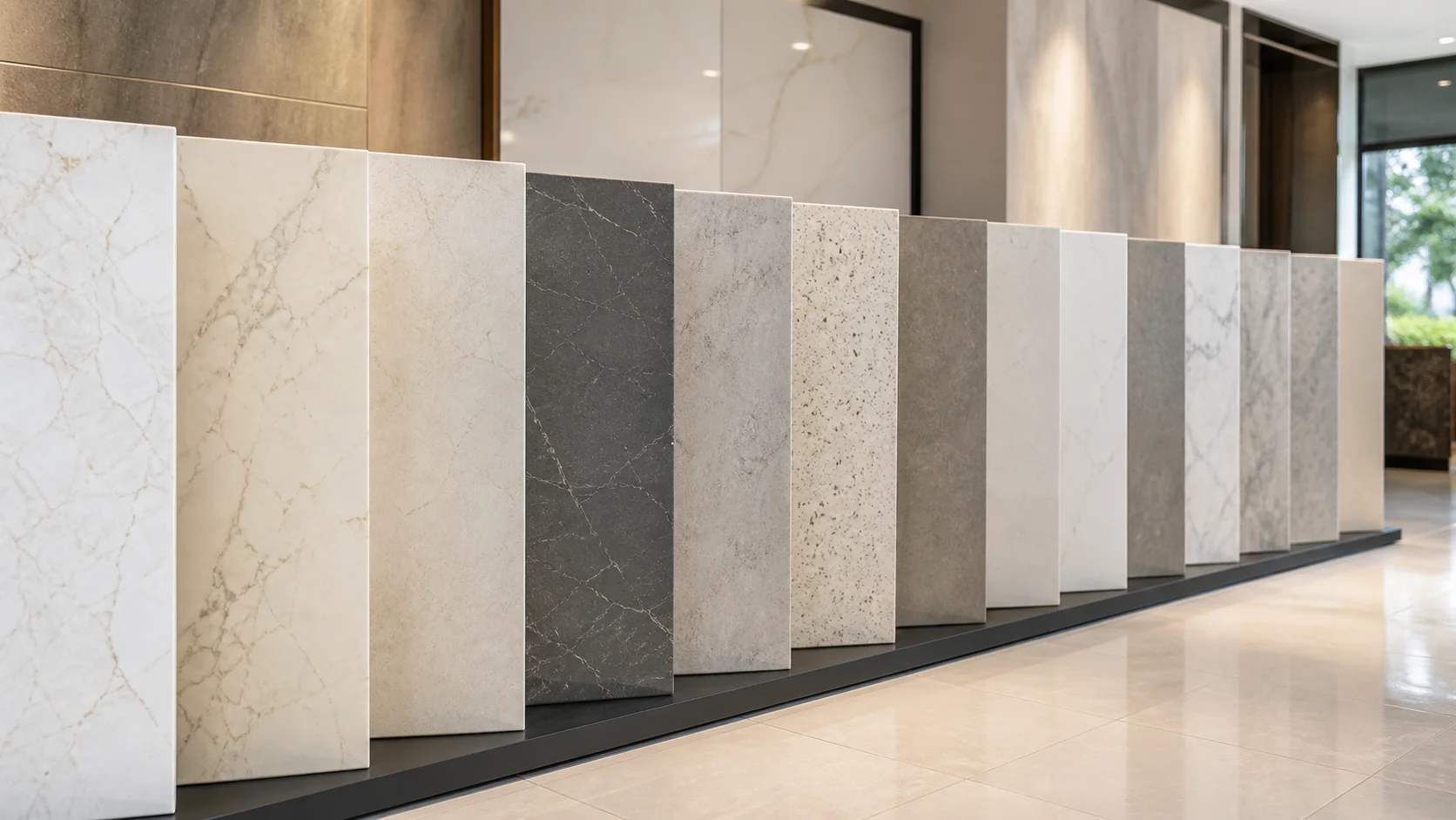 Homeowner browsing quartz and sintered stone countertop samples at a Malaysian showroom