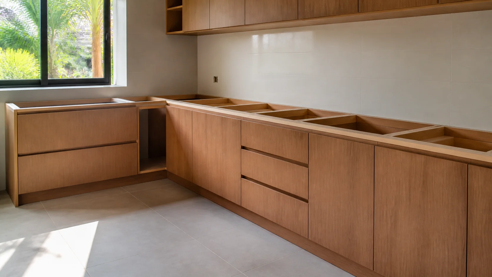 Freshly installed kitchen cabinets in a Malaysian home awaiting stone countertop templating