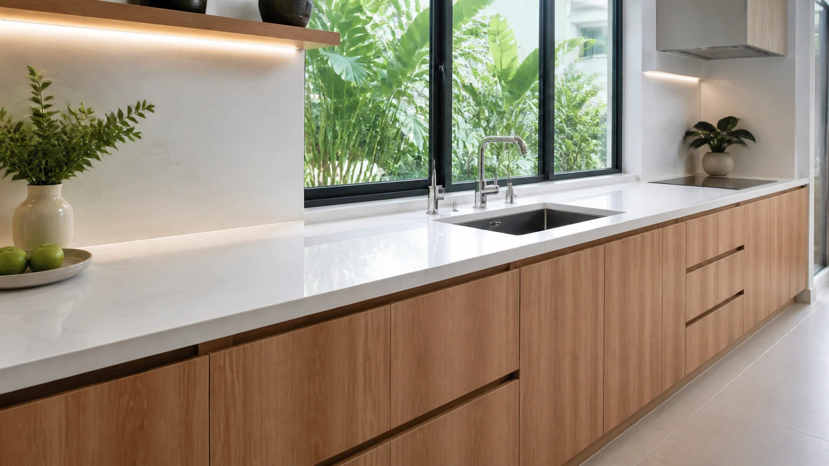 Finished white stone countertop seamlessly installed on kitchen cabinets in a Malaysian home