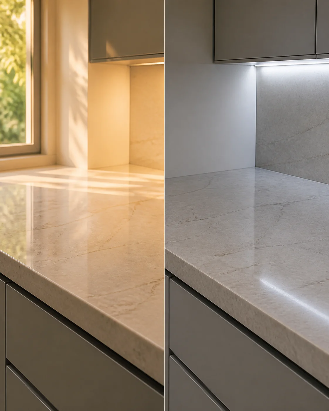 Split image of the same stone countertop appearing warmer under daylight and cooler under kitchen LED lighting