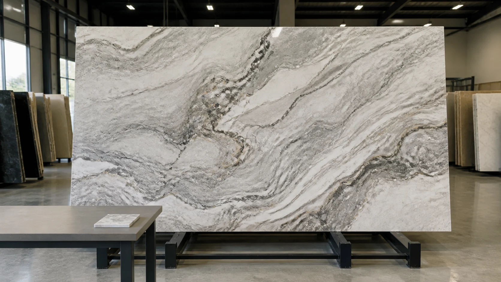 Full stone slab displayed upright in a fabrication showroom for a homeowner to inspect before purchase