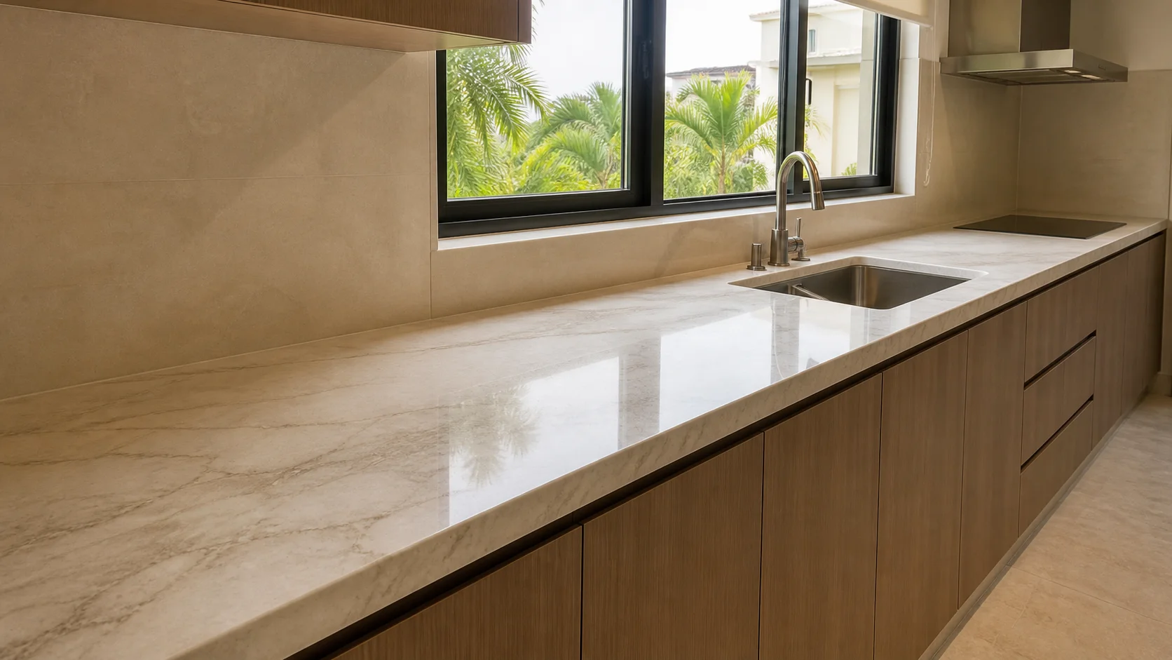 Finished Malaysian kitchen countertop installed showing the same veining and colour chosen from the full slab