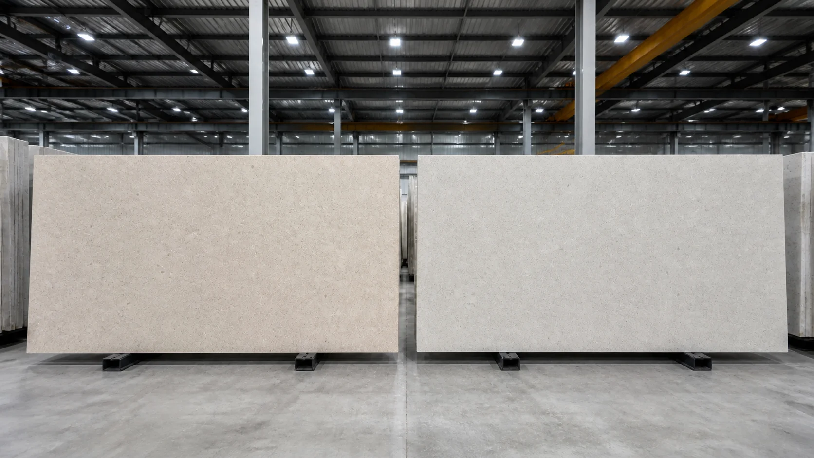 Two quartz slabs from different production batches leaning side by side showing a subtle colour shift