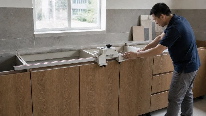 Stone fabrication team on-site templating a Malaysian kitchen countertop after cabinet installation
