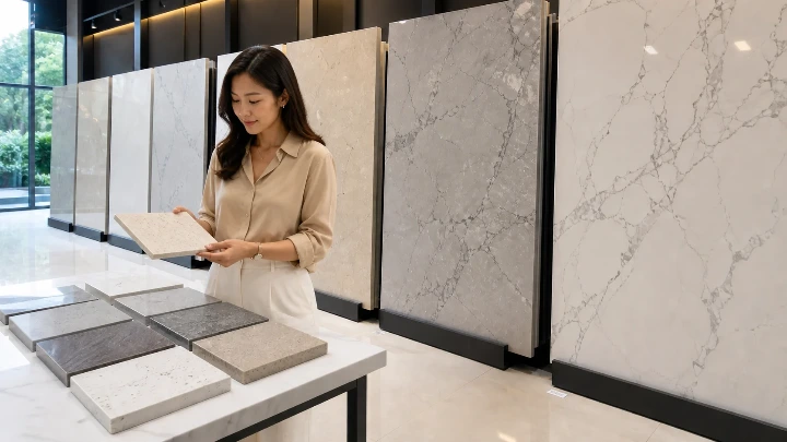 Malaysian homeowner comparing quartz stone samples at a stone fabricator showroom before making a purchase decision