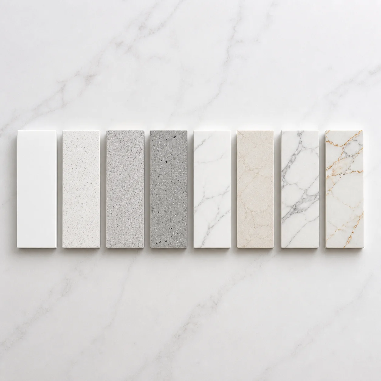 Flat lay of varied quartz stone sample chips representing different price tiers available to Malaysian homeowners