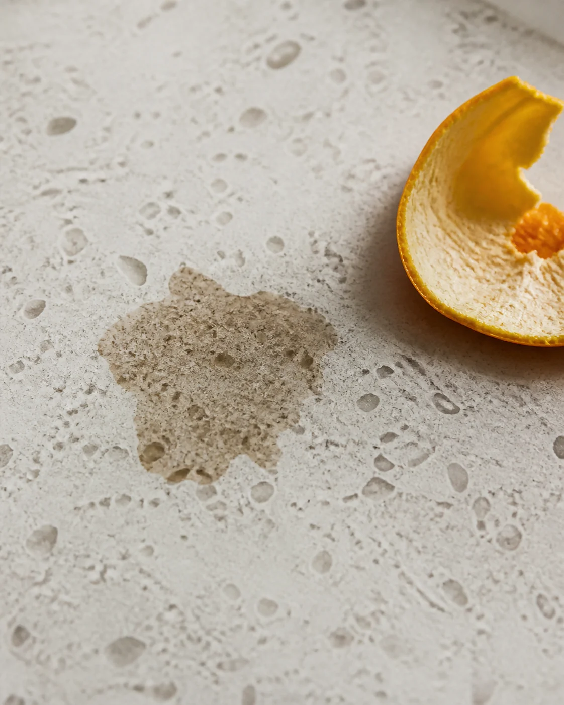 Close-up of a stained countertop surface illustrating compressed marble mistakenly sold as quartz to a Malaysian homeowner