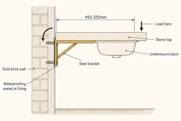 Technical cross-section diagram of a floating stone vanity top on wall brackets, showing the cantilever load path into solid brickwork and the bracket depth