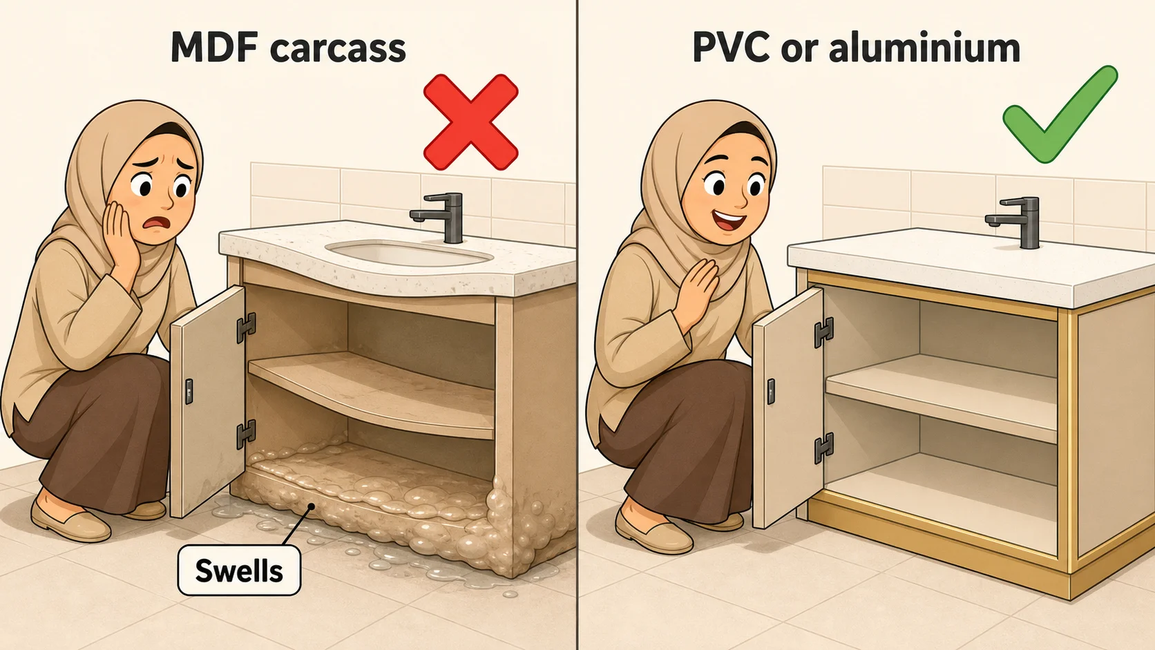 Cartoon do and don't pair showing a swollen MDF vanity cabinet sagging under a stone top beside an intact moisture-rated PVC carcass