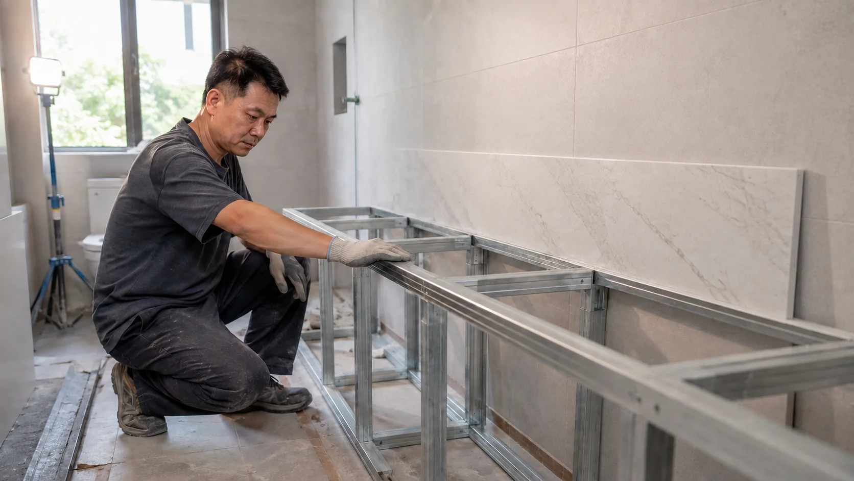 Malaysian Chinese contractor checking a welded galvanised steel frame box base in a bathroom before a long double-basin stone vanity top is fitted