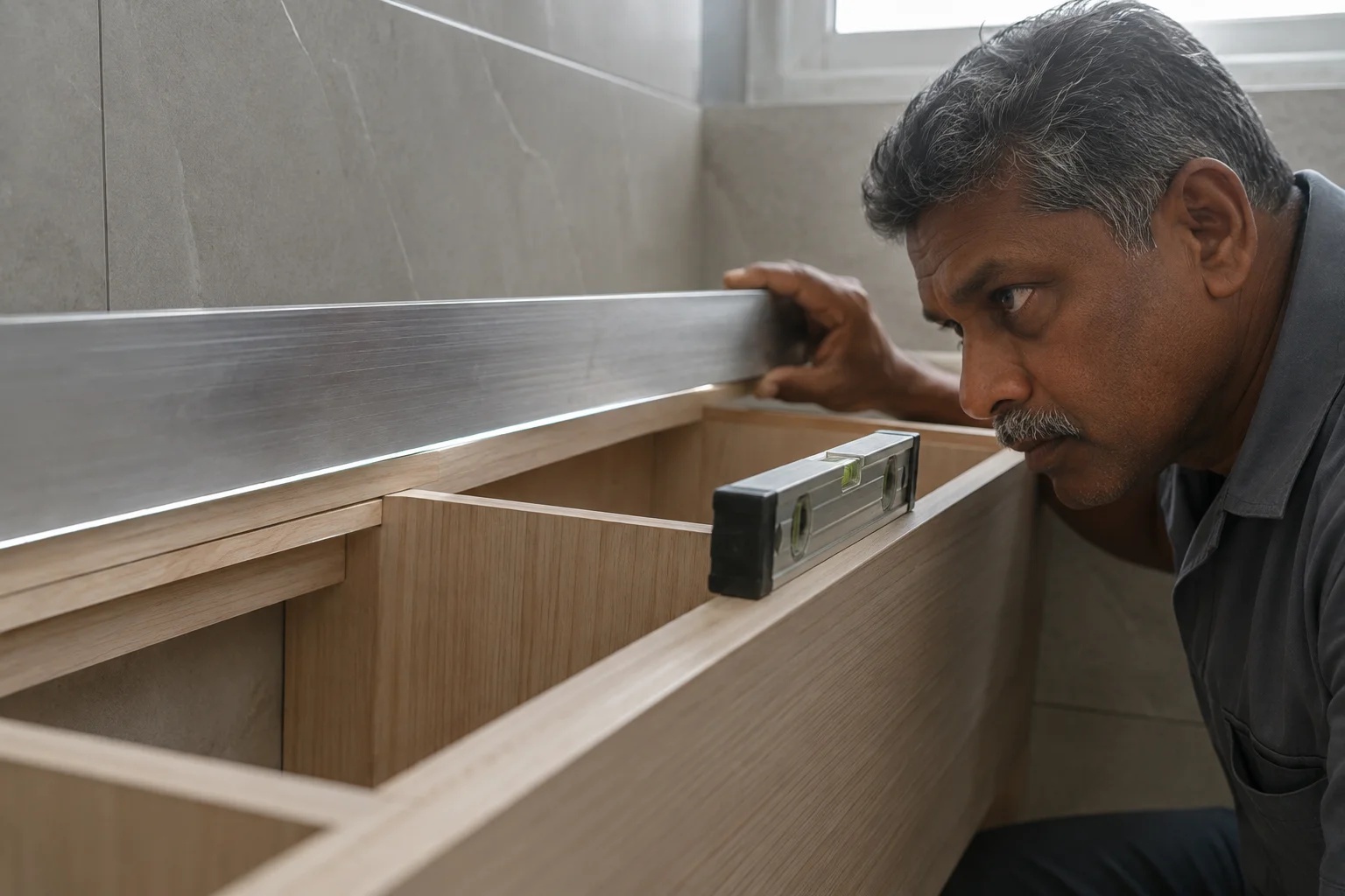 Malaysian Indian installer laying a long straight edge across a vanity cabinet base to check it is flat, with a spirit level resting beside it
