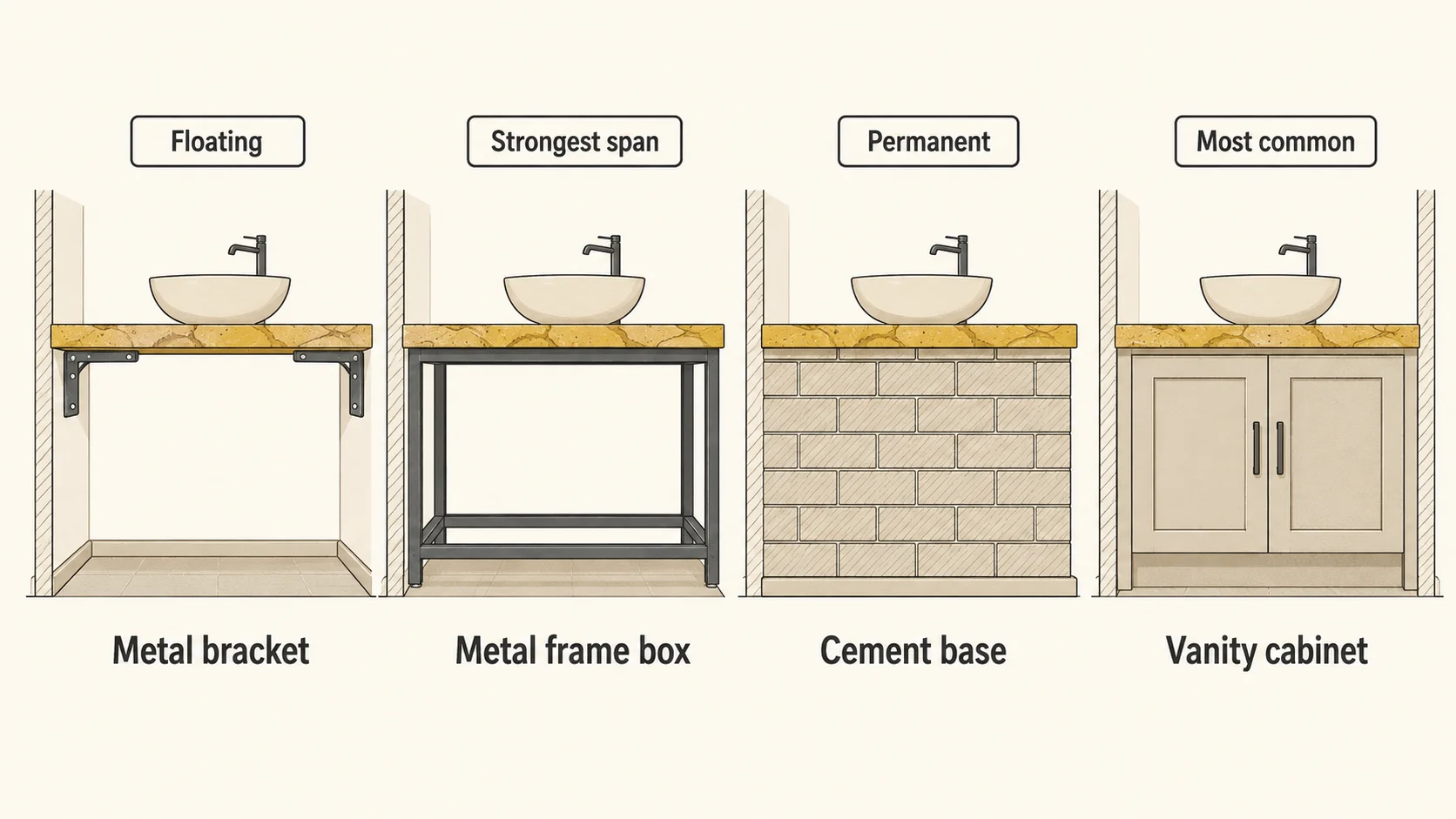 Infographic comparing four vanity stone top bases in Malaysia: wall-mounted metal brackets, a welded metal frame box, a cement brick base and a vanity cabinet