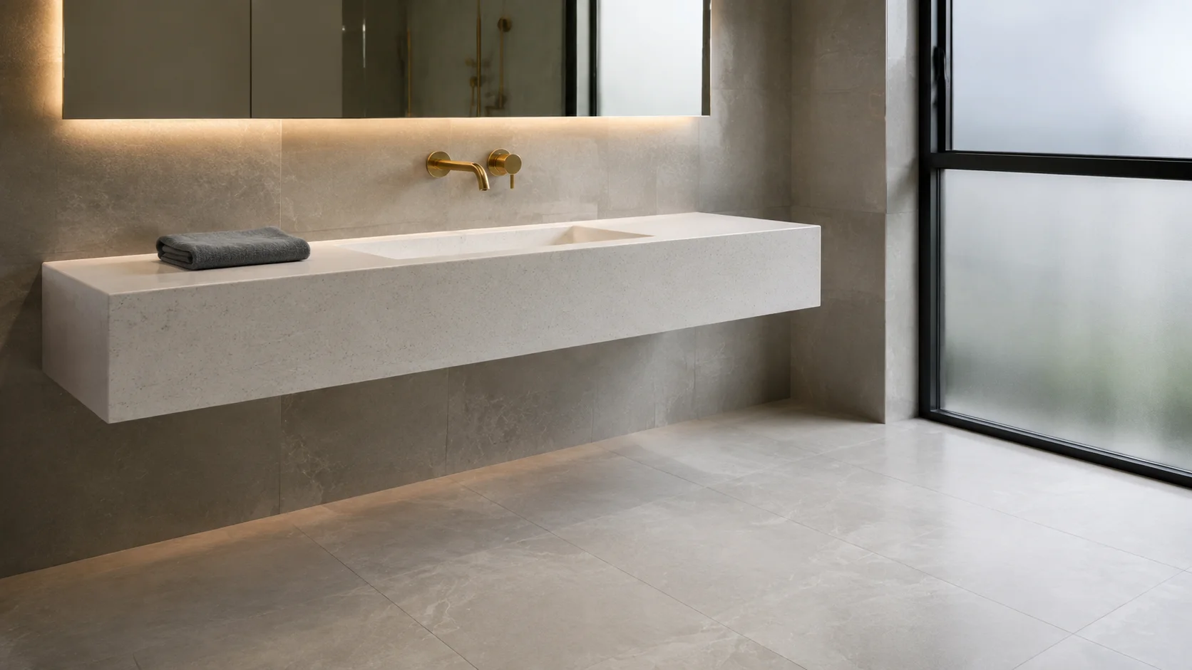 Finished floating white quartz stone vanity top with an undermount basin in a modern Malaysian bathroom, with clear open floor underneath