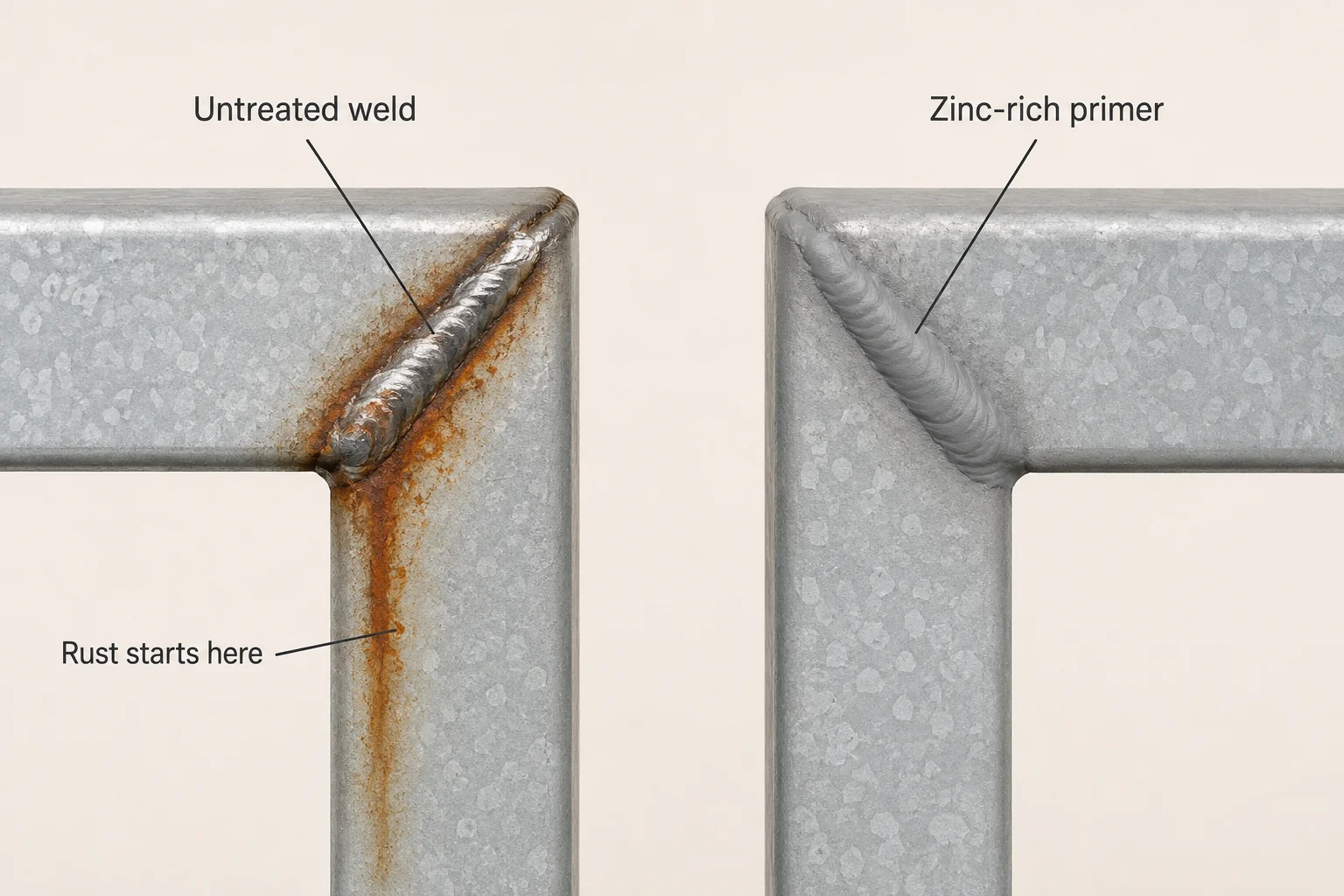 Close-up comparison of two galvanised steel frame box joints, one with rust bleeding from an untreated weld and one with the weld coated in zinc-rich primer
