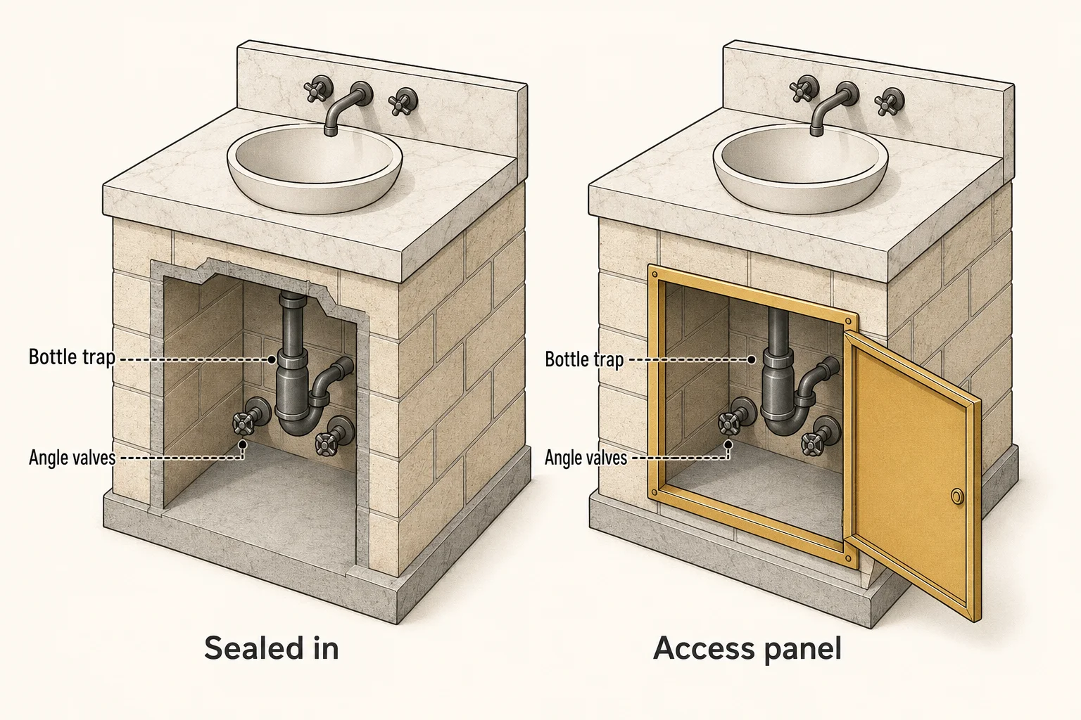 Isometric cutaway comparing a cement vanity base with p