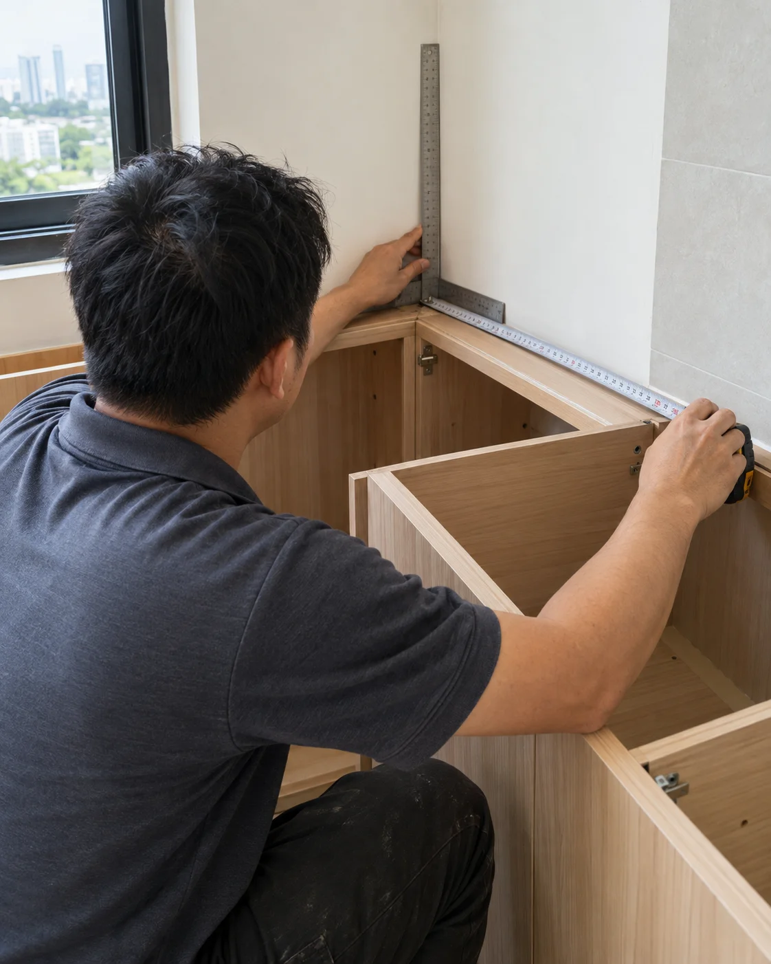 Malaysian Chinese templating technician measuring installed kitchen cabinets with a tape and L-shaped scale ruler before a stone countertop is cut