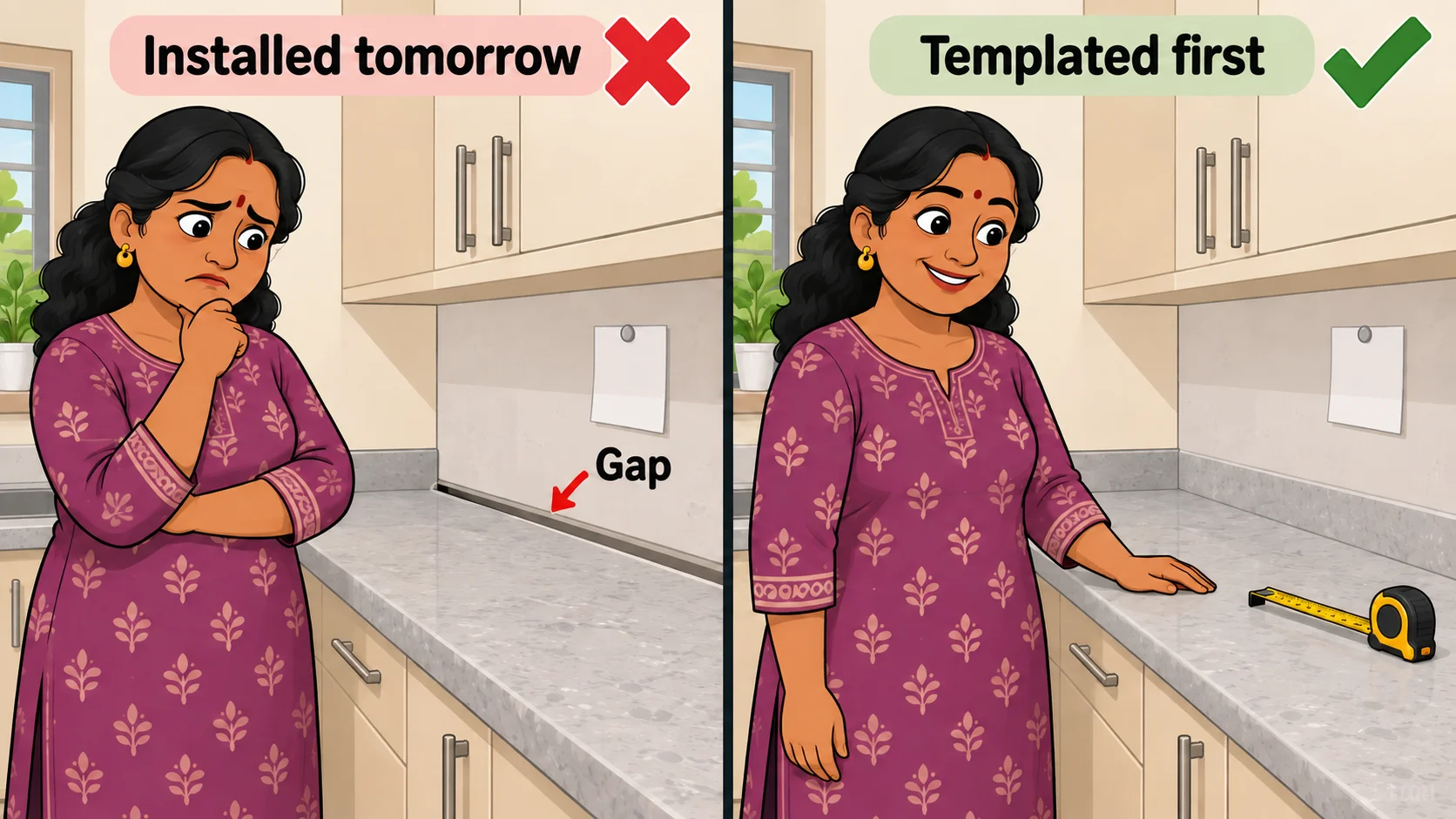 Cartoon of a Malaysian Indian homeowner comparing a next-day countertop with a visible wall gap against a properly templated countertop that fits snugly