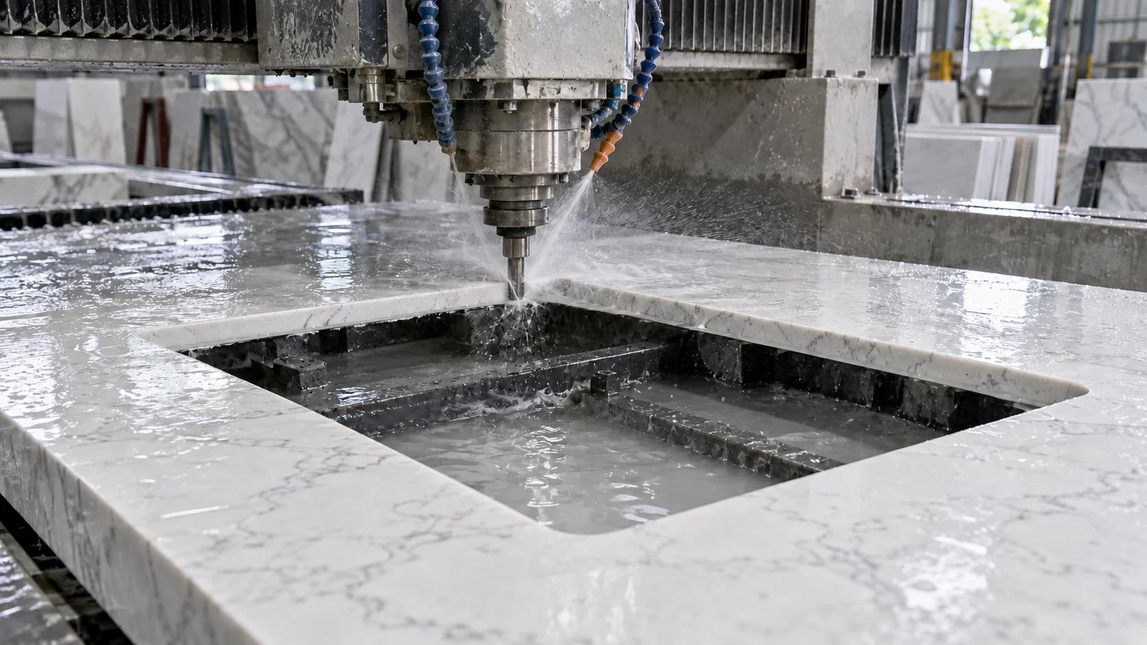 CNC machine milling a precise undermount sink cutout into a white quartz countertop piece in a Malaysian fabrication workshop