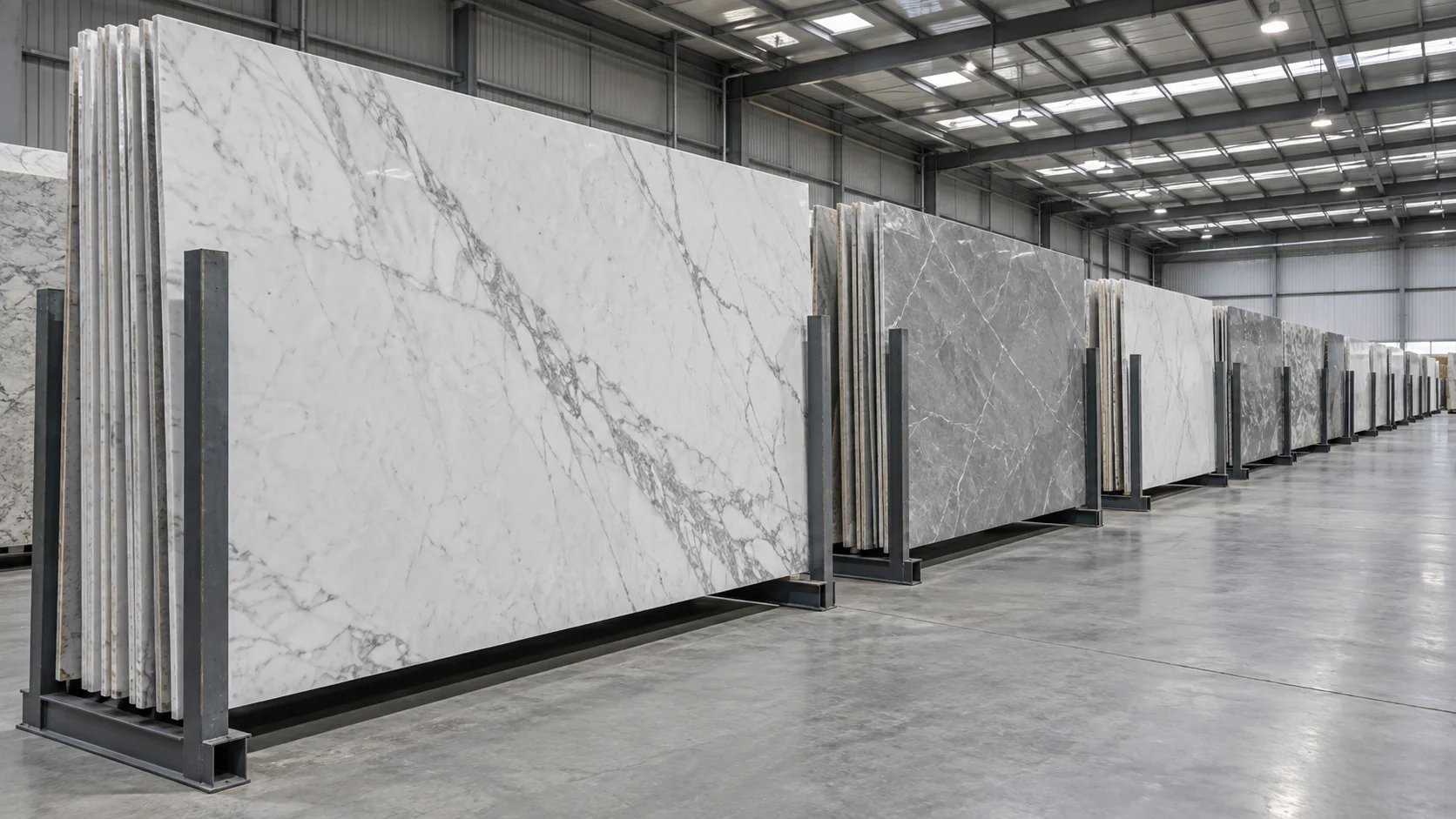 Full-size quartz and sintered stone slabs stored upright in racks at a Malaysian stone warehouse before fabrication