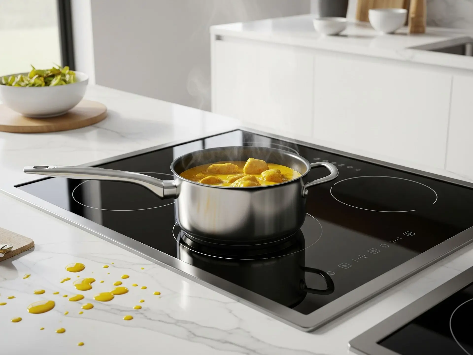 cooking curry chicken & curry split on stone countertop