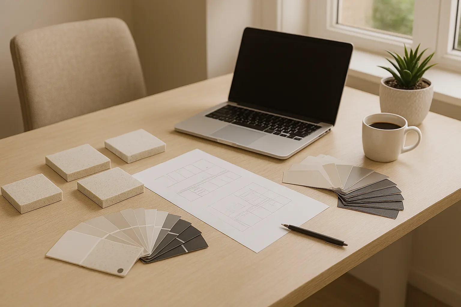 Interior designer workspace with quartz samples and colour swatches for creative planning