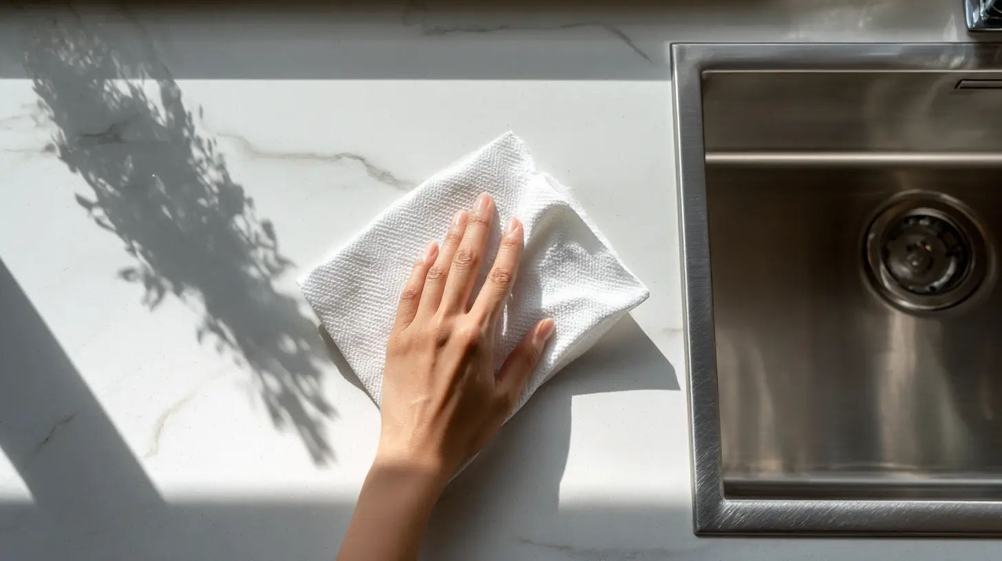 Hand wiping silicone seal around kitchen sink with microfibre cloth for daily mould prevention in Malaysian kitchen