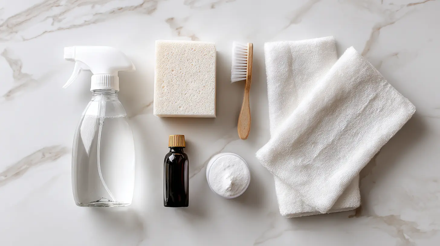 Mould prevention cleaning supplies including vinegar spray, baking soda, microfibre cloth, and toothbrush arranged on kitchen countertop