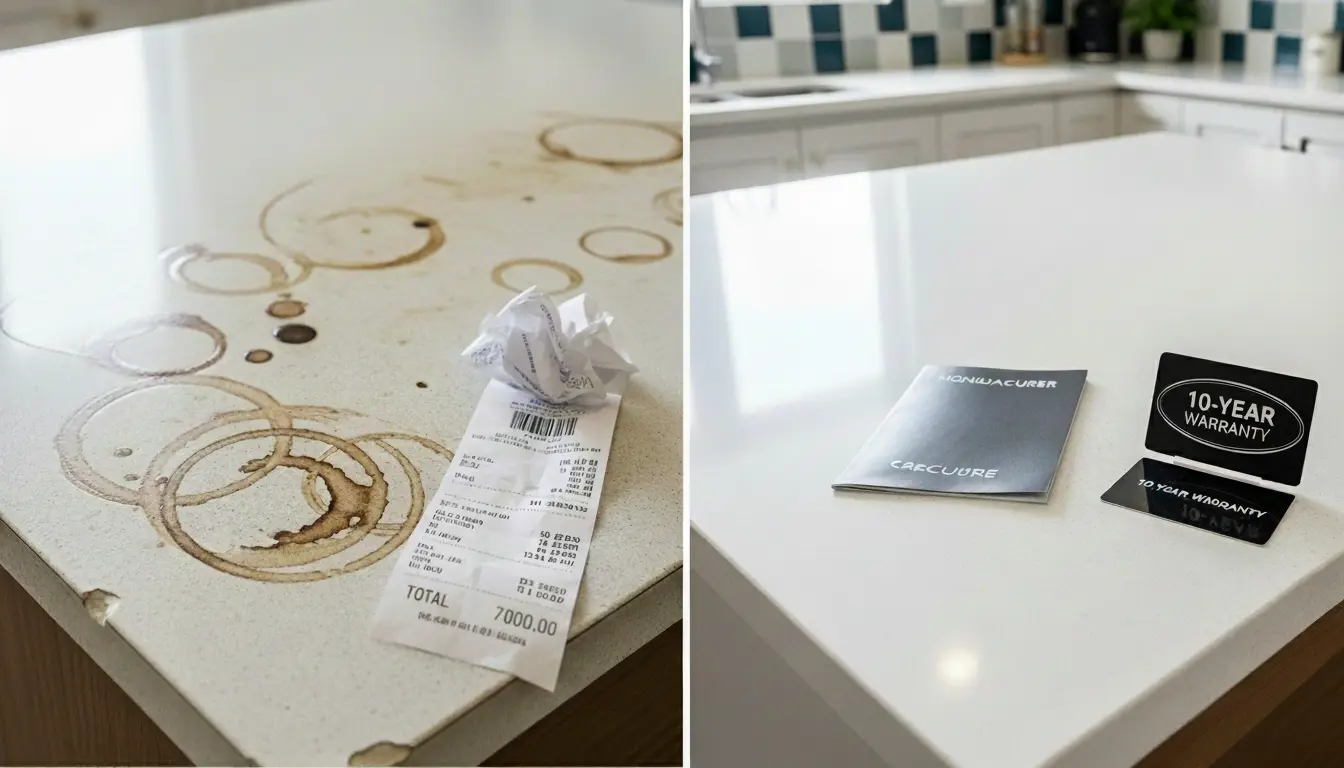 Split scene with stained, chipped fake quartz and a high RM receipt on the left, and a pristine branded quartz counter with a 10‑year warranty card on the right.