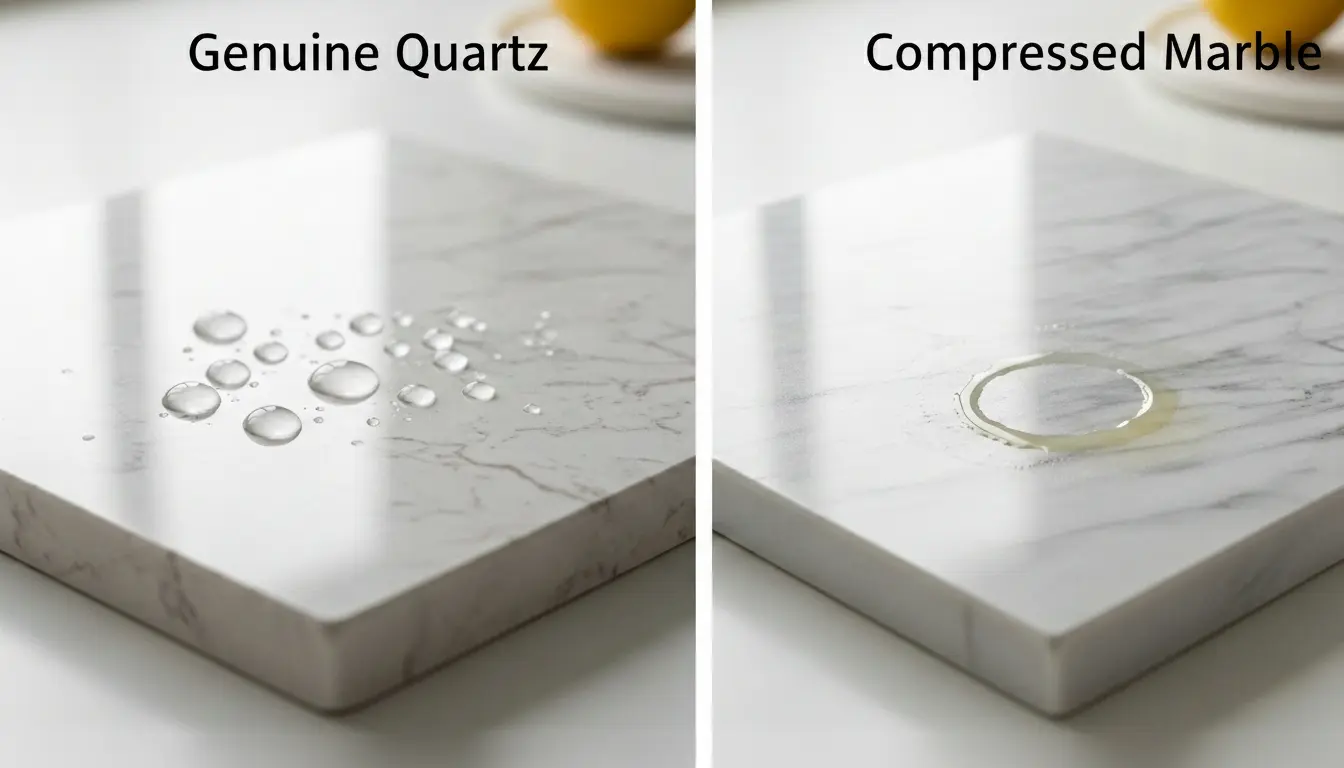 Two-panel test showing water beading on genuine quartz and a faint etched ring from lemon juice on compressed marble.