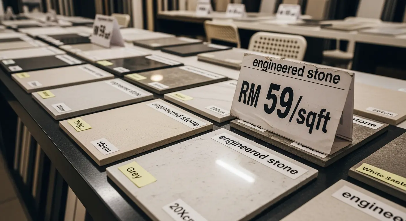 - Budget showroom with small “engineered stone” samples, vague product tags, and unusually low RM price card without brand name.