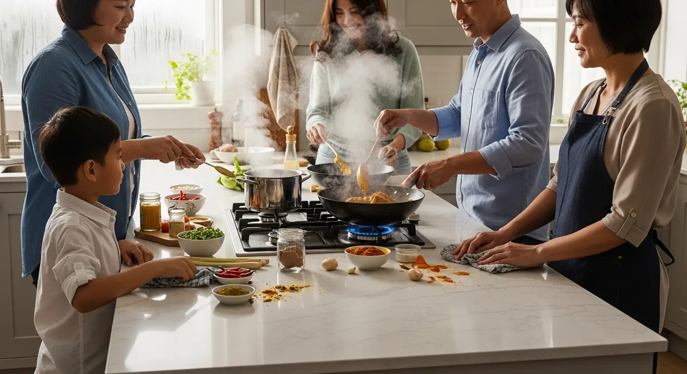 Malaysian family cooking with quartz stone countertops