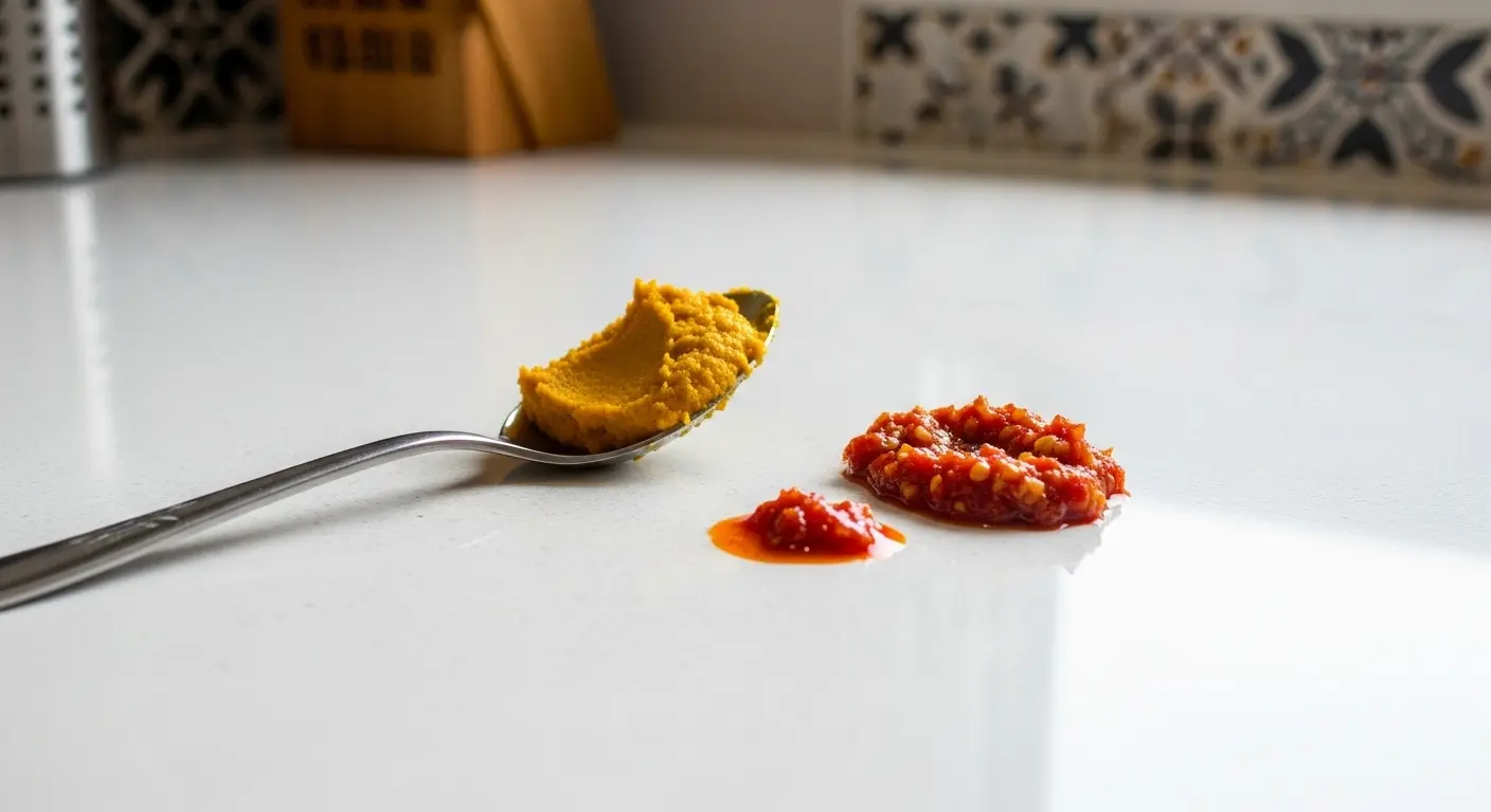 Turmeric spill and wipe on honed quartz showing clean result