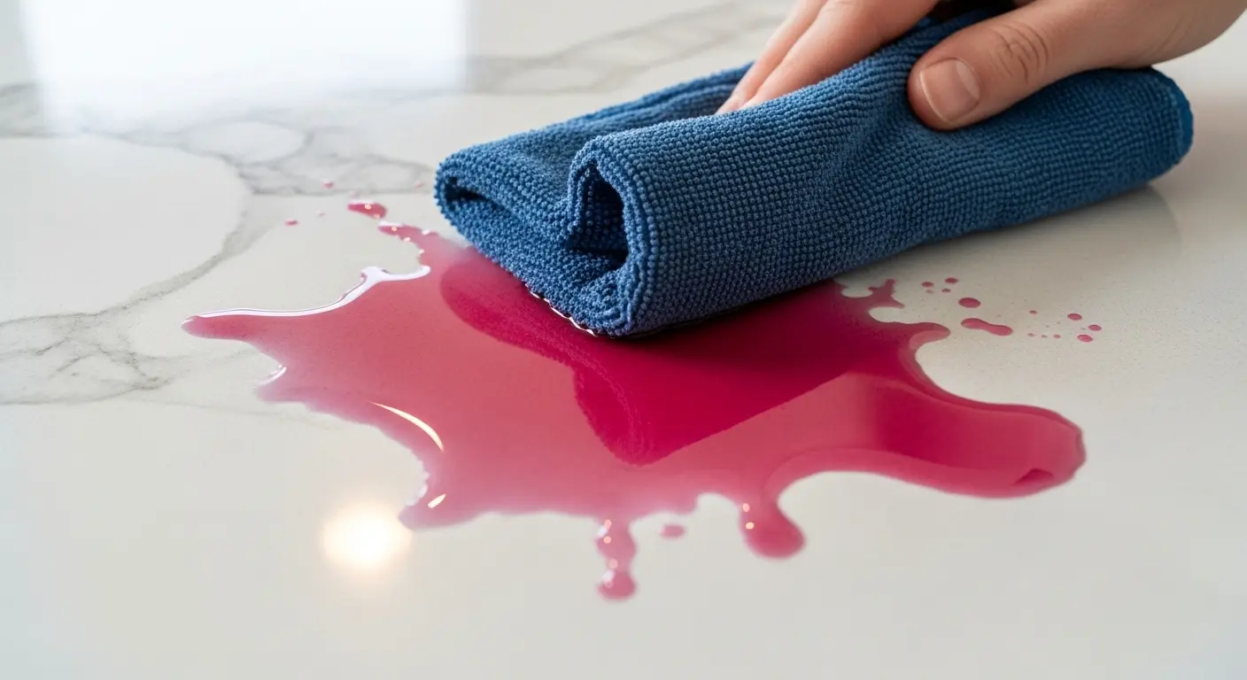 wiped with damp microfibre cloth on polished quartz