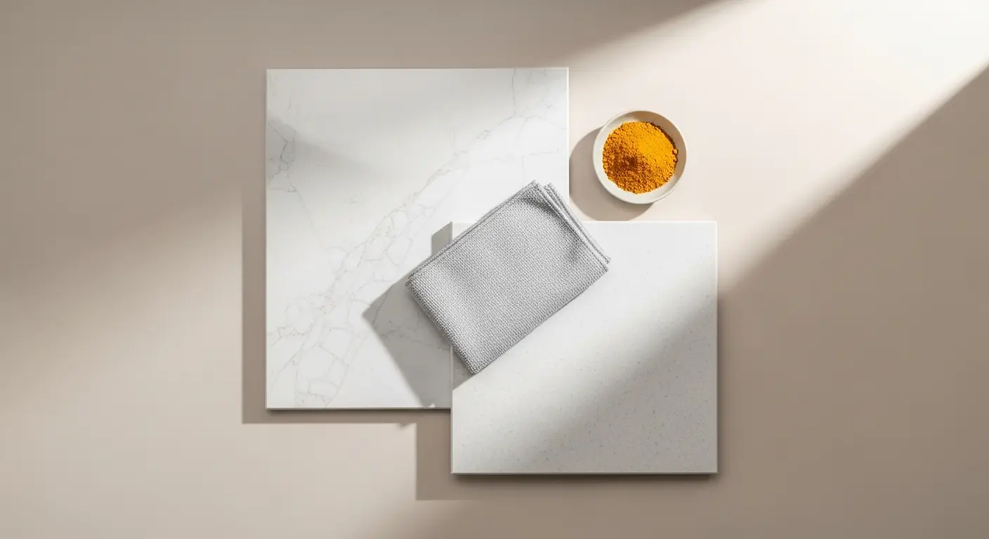 Polished vs honed samples with cleaning cloth and turmeric dish