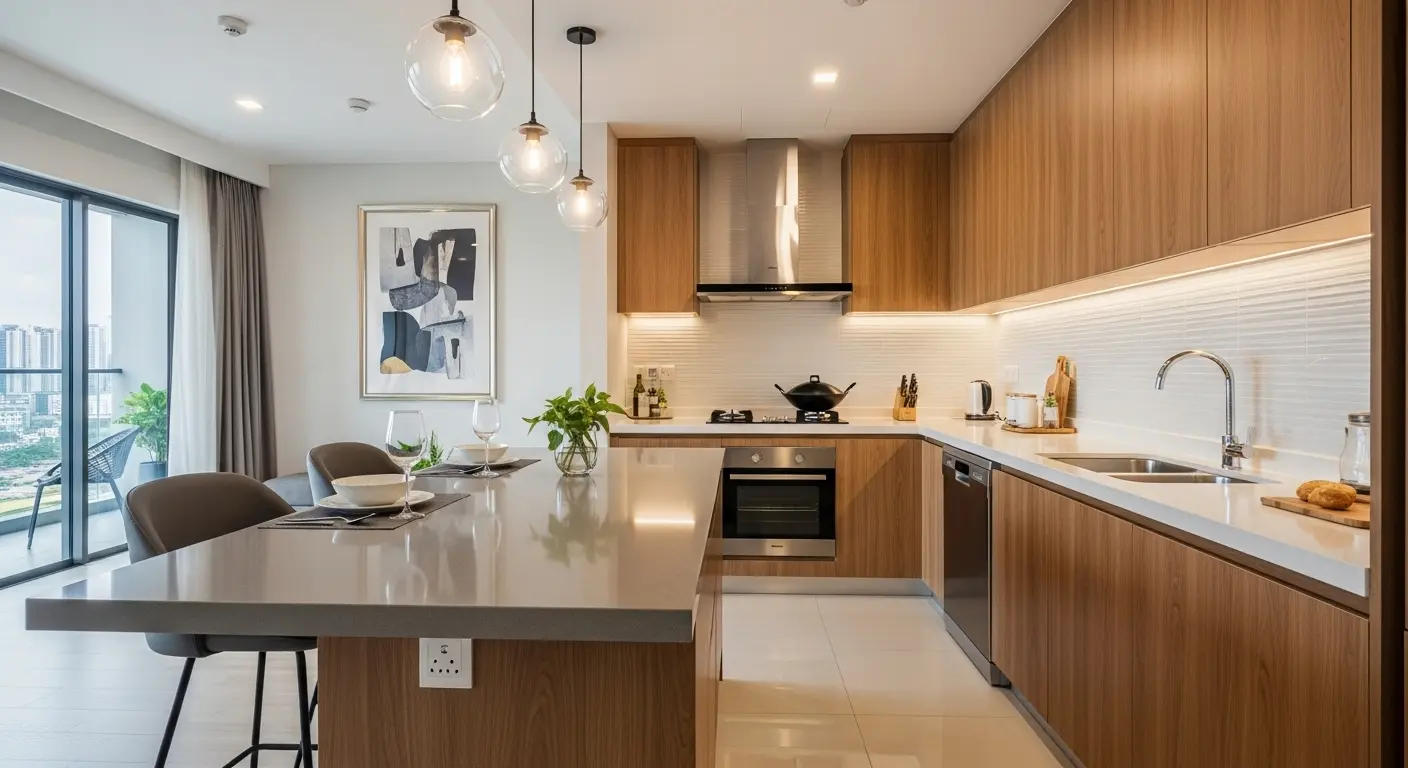 Wet kitchen with polished quartz and dry kitchen with honed quartz in one home
