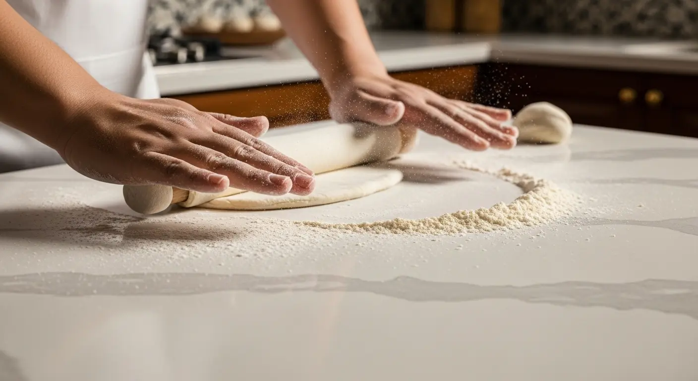 Rolling dough on honed quartz showing better grip