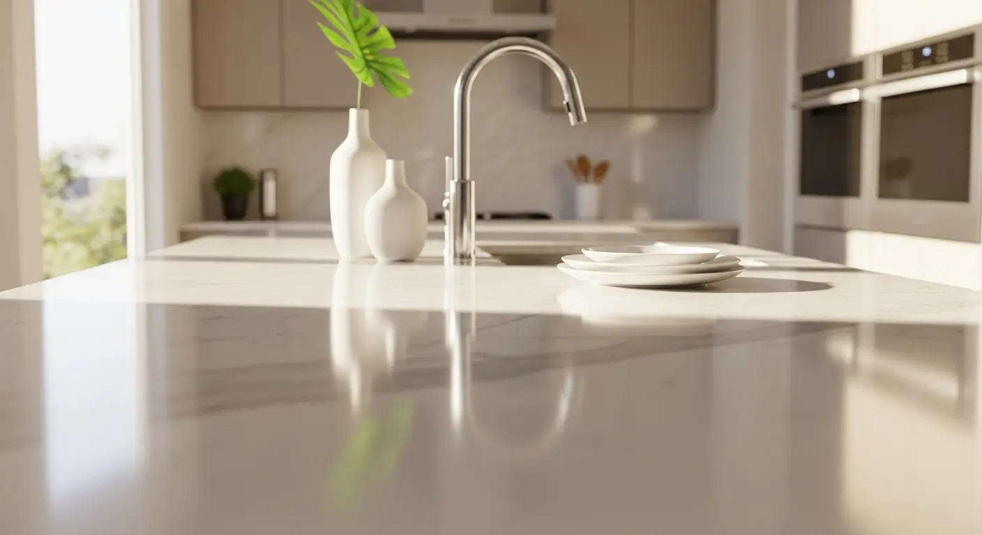 Macro close-up of quartz countertop surface showing crystalline structure and texture