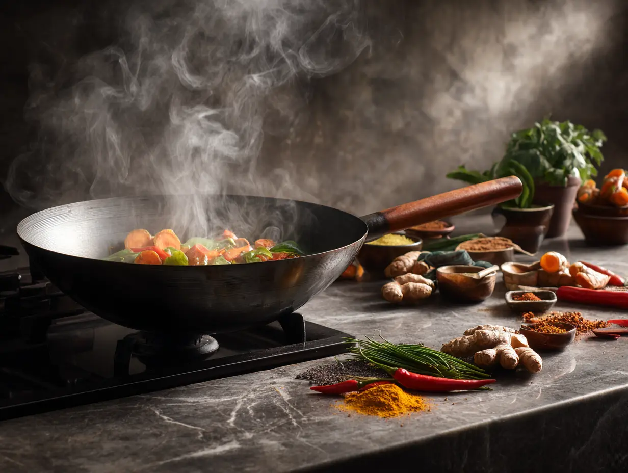 Wok cooking on stove with fresh turmeric and spices on grey quartz countertop in Malaysian kitchen