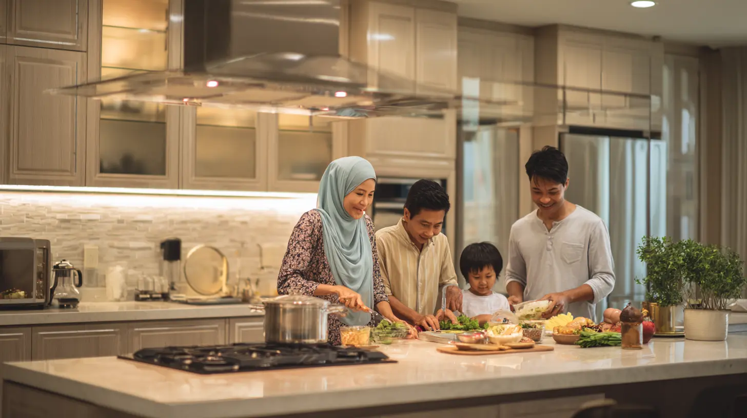 Malaysian family cooking together in modern kitchen with quality quartz countertops