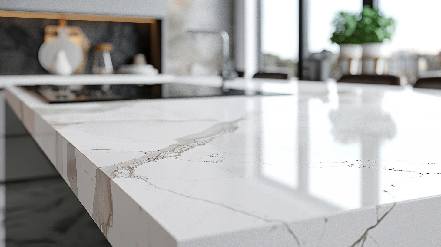 Close-up of a quartz stone kitchen countertop showing fine veining and smooth polished finish