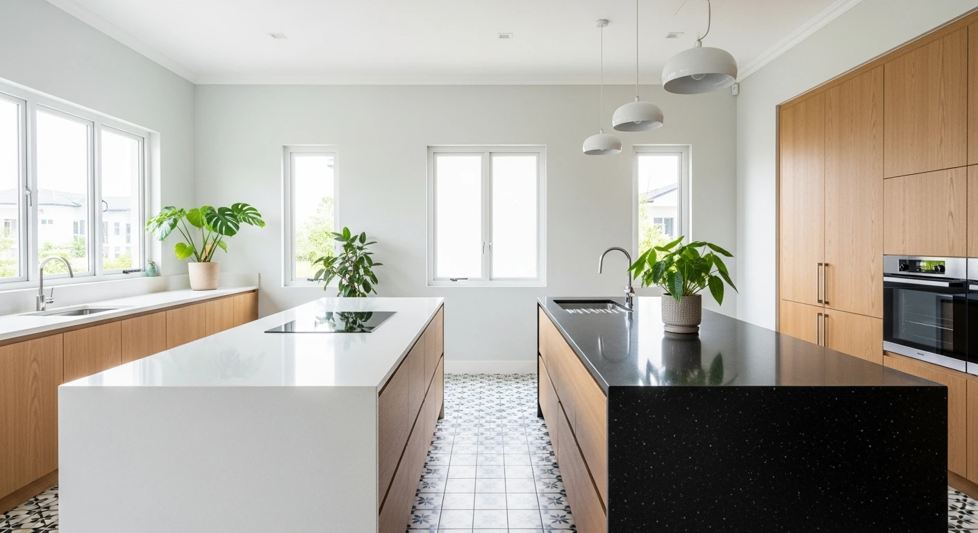 Side-by-side quartz and granite kitchen countertops in a modern Malaysian kitchen