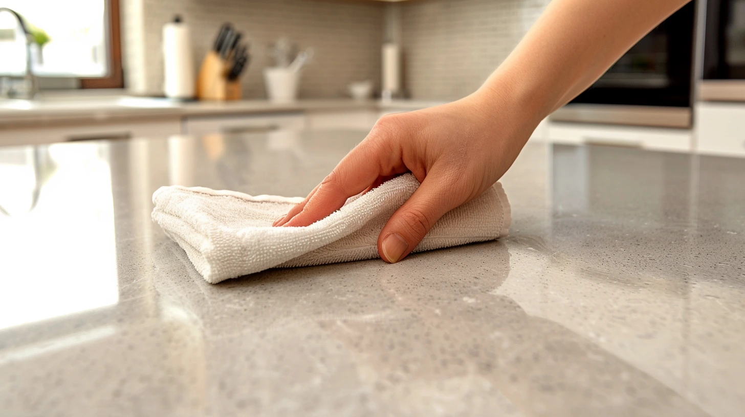 Person wiping a quartz kitchen countertop with a soft cloth to show easy daily cleaning
